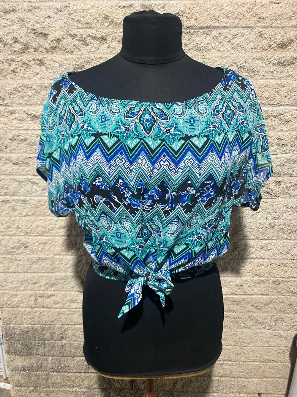 Bliss Teal and Blue Printed Tie-Front Crop Top
